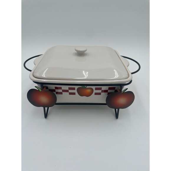Ceramic Casserole Dish With Apple Design & Metal Stand - Picture 1 of 5